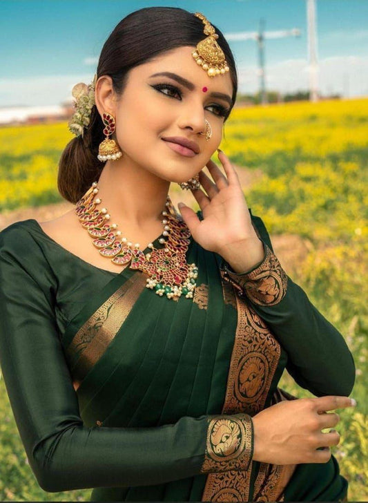 Dark Green Indian Litchi Silk Saree - Ibis Fab