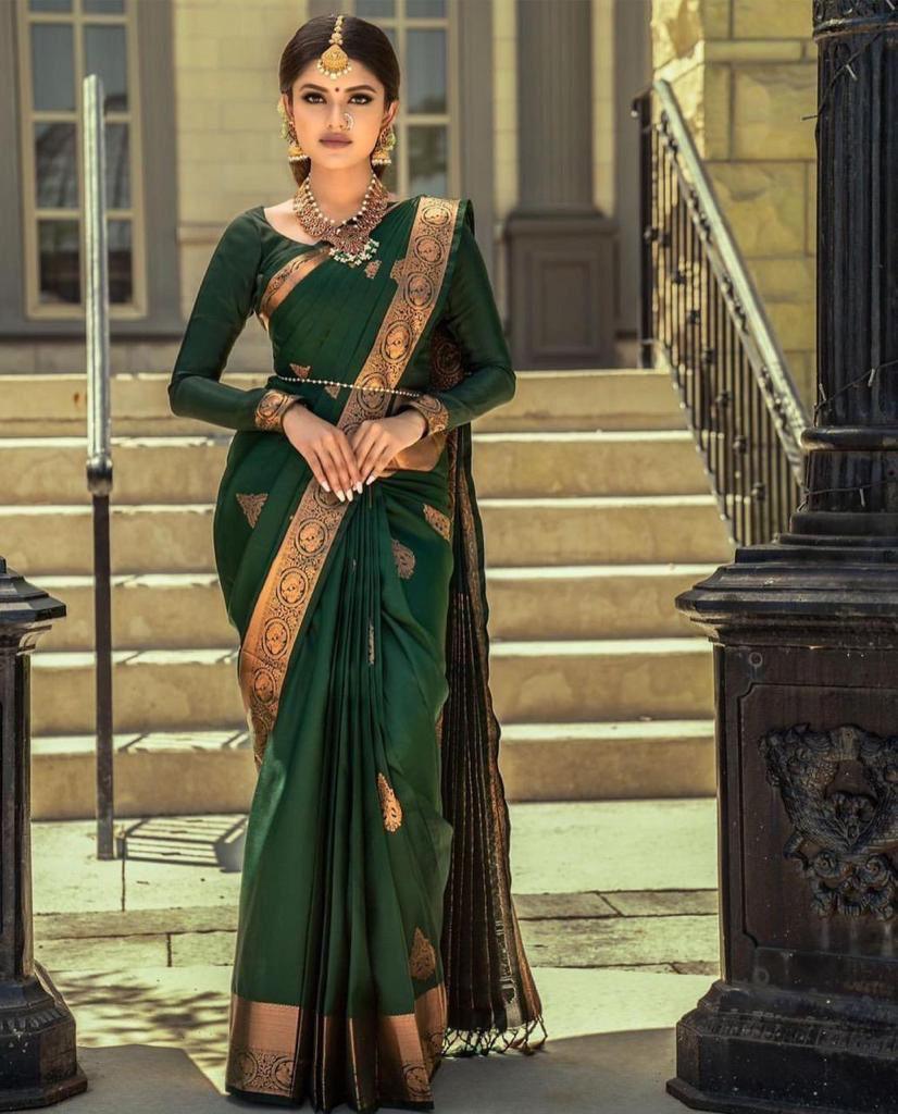 Dark Green Indian Litchi Silk Saree - Ibis Fab