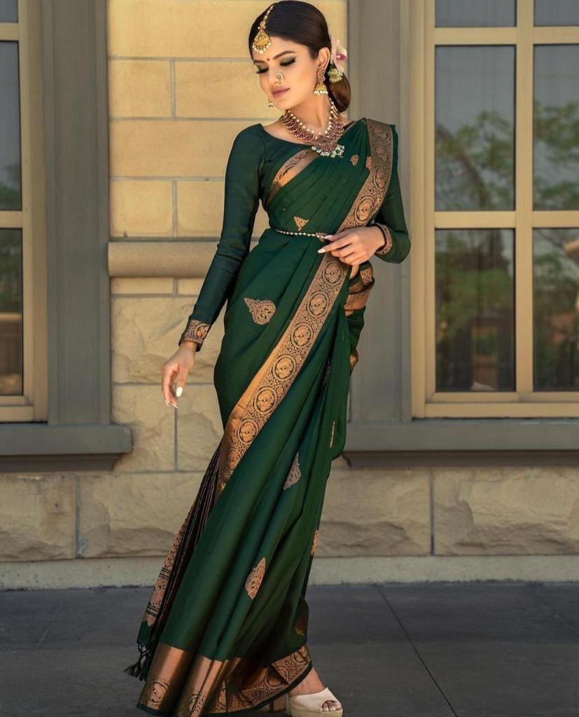 Dark Green Indian Litchi Silk Saree - Ibis Fab