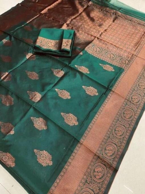 Dark Green Indian Litchi Silk Saree - Ibis Fab