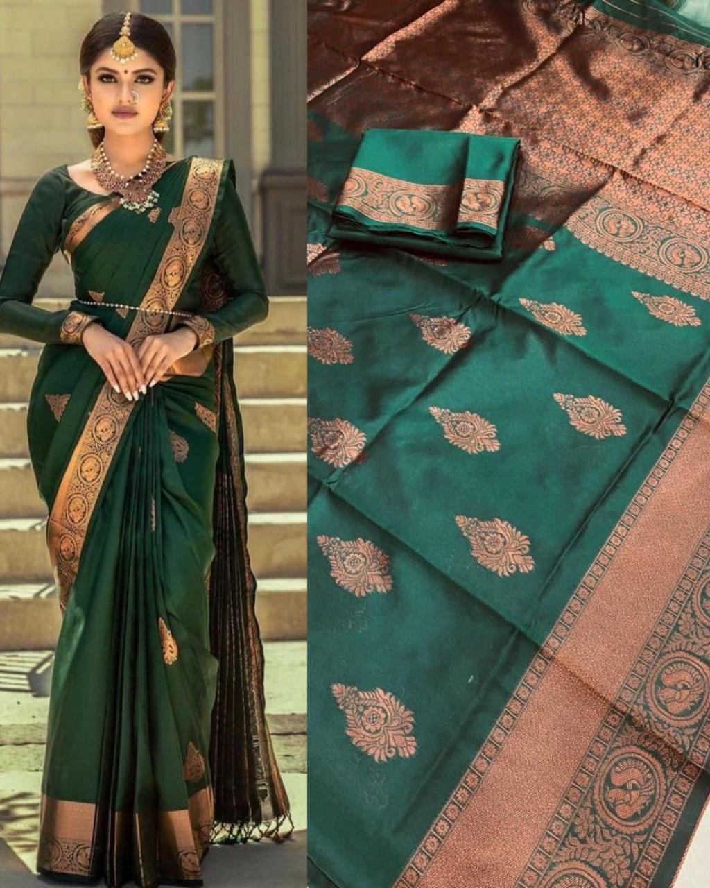 Dark Green Indian Litchi Silk Saree - Ibis Fab