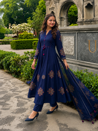 Pure Cotton Navy Blue Patchwork A-Line Kurta Pant Dupatta Set