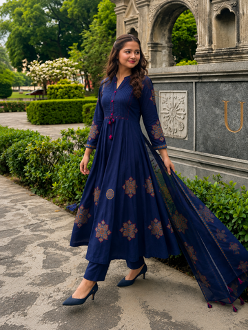 Pure Cotton Navy Blue Patchwork A-Line Kurta Pant Dupatta Set
