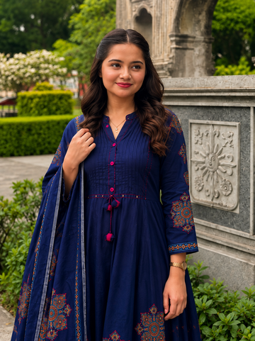 Pure Cotton Navy Blue Patchwork A-Line Kurta Pant Dupatta Set