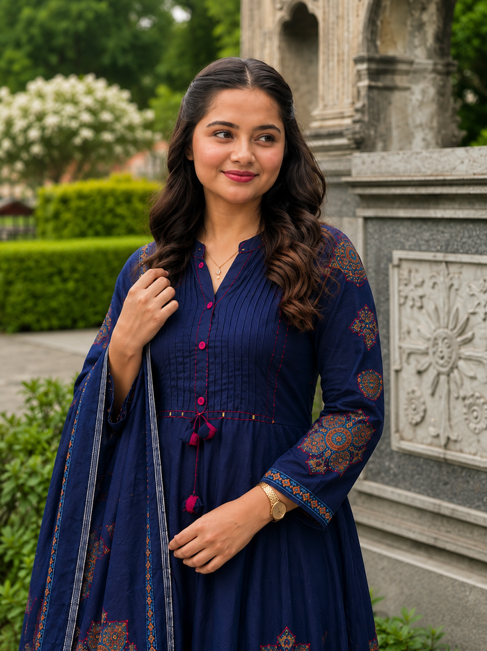 Pure Cotton Navy Blue Patchwork A-Line Kurta Pant Dupatta Set