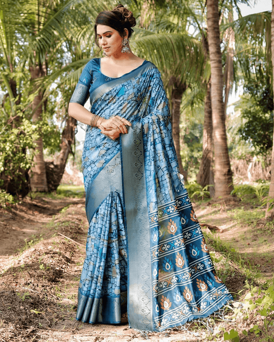 Dazzling Blue Colored Jacquard Silk Saree With Zari Border Blouse - Ibis Fab