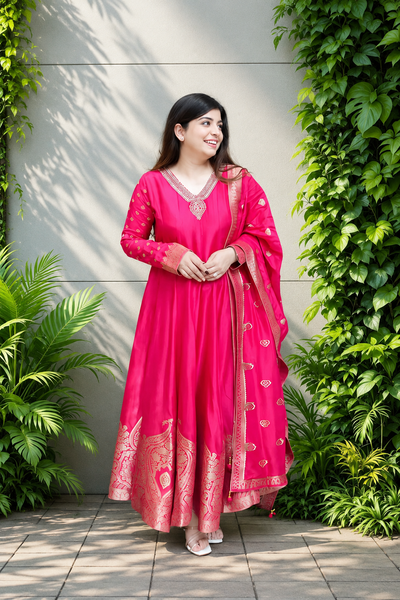 Rani Pink Banarasi Anarkali Suit – Handwork & Zari Flare