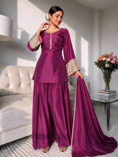 Wine Embroidered Kurta Pant Set