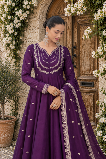 Wine Embroidered Vichitra Silk Anarkali Suit Set