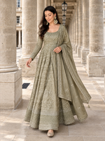 Grey Embroidered Anarkali Gown Set