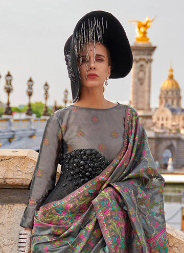 Delightful Gray Colored Printed Pure Soft Silk Saree