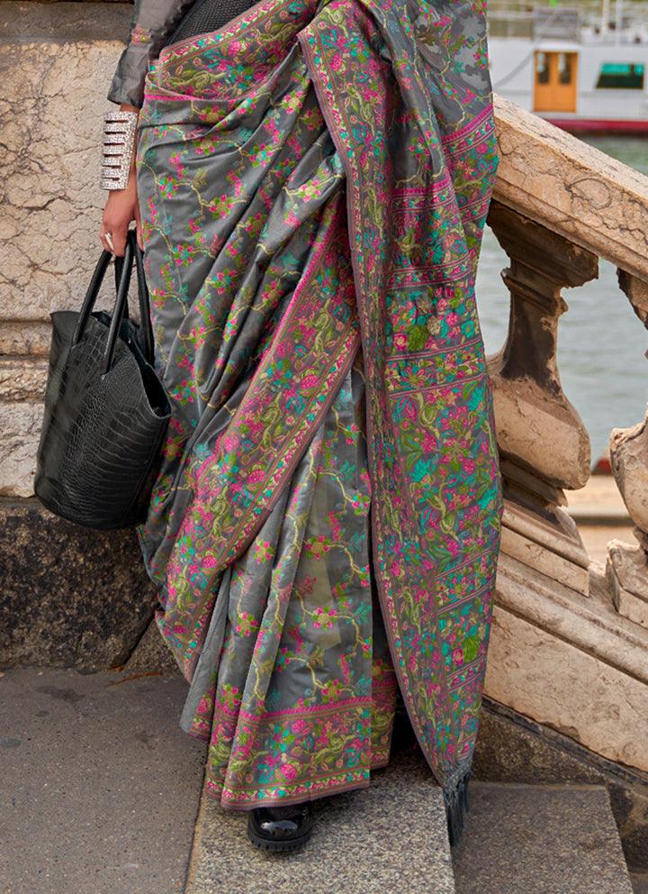 Delightful Gray Colored Printed Pure Soft Silk Saree - Ibis Fab