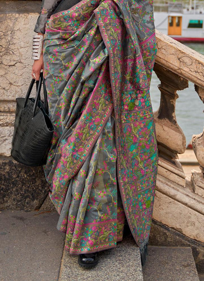 Delightful Gray Colored Printed Pure Soft Silk Saree