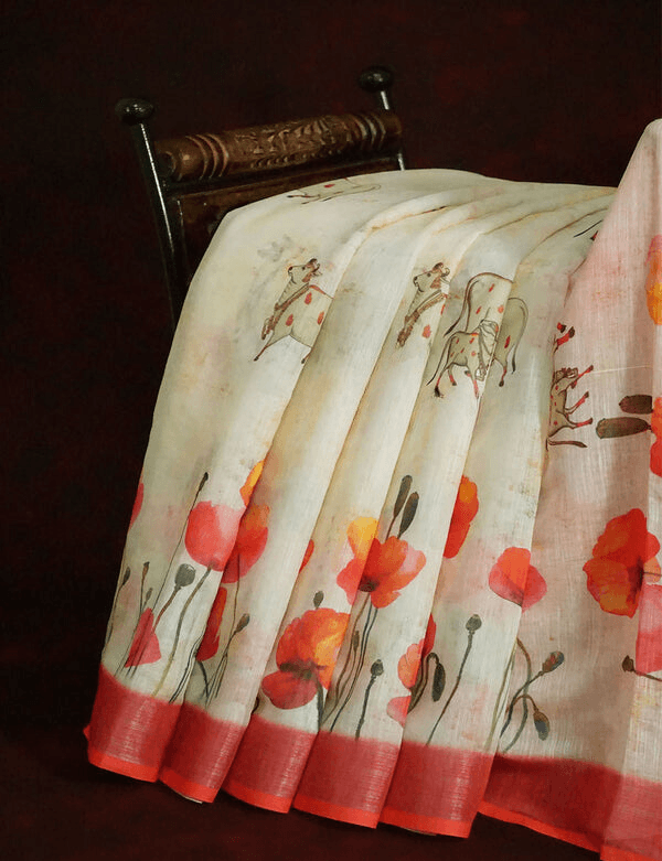 Delightful Off-White Colored Cotton Linen Designer Printed Saree - Ibis Fab