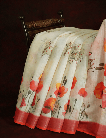 Delightful Off-White Colored Cotton Linen Designer Printed Saree