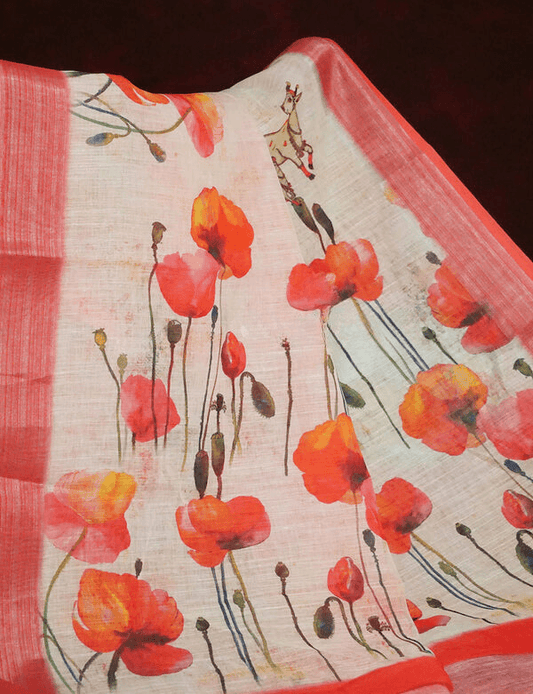 Delightful Off-White Colored Cotton Linen Designer Printed Saree - Ibis Fab