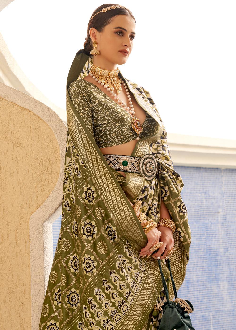 Demanding White And Mehendi Green Colored Printed Pure Soft Silk Saree - Ibis Fab