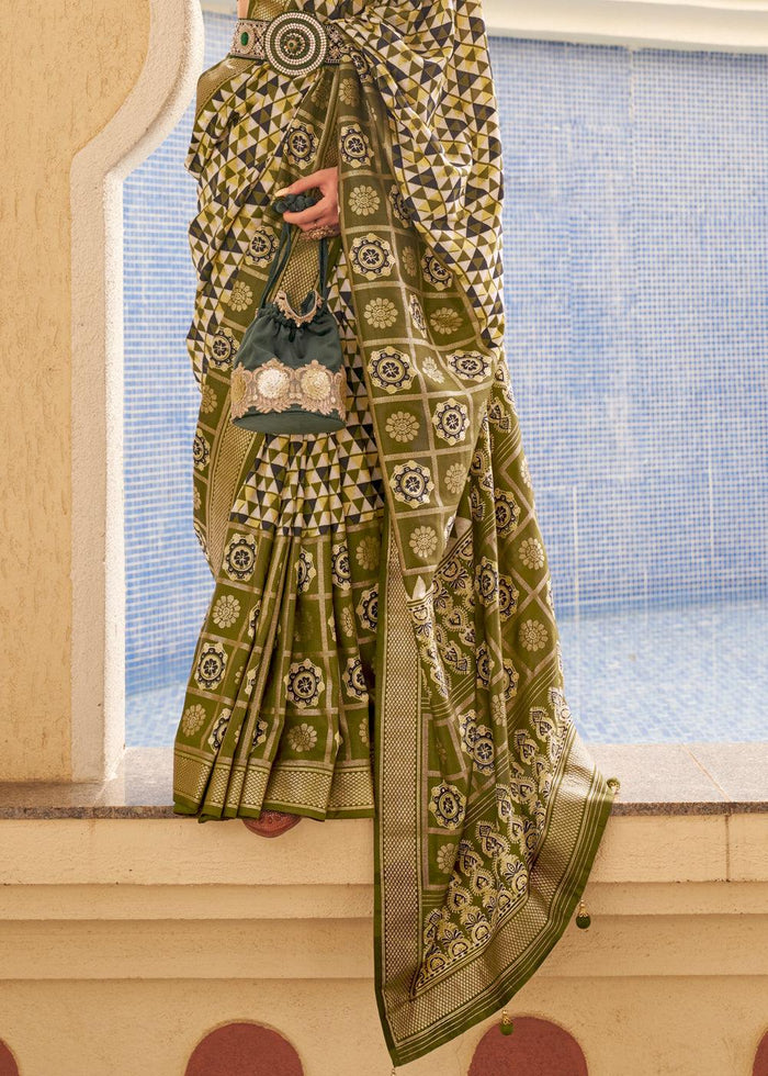 Demanding White And Mehendi Green Colored Printed Pure Soft Silk Saree