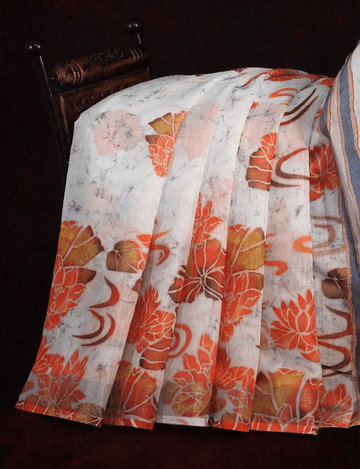 Demanding White Colored Cotton Linen Designer Printed Saree