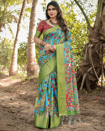 Designer Sky Blue And Parrot Colored Jacquard Silk Saree With Zari Border Blouse