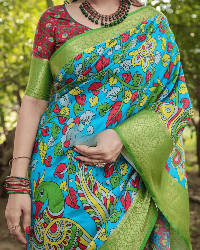 Designer Sky Blue And Parrot Colored Jacquard Silk Saree With Zari Border Blouse