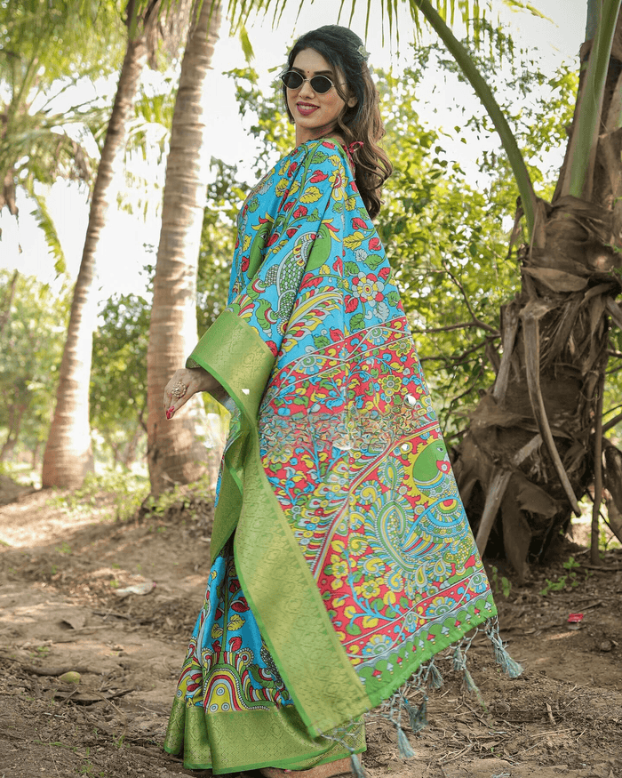 Designer Sky Blue And Parrot Colored Jacquard Silk Saree With Zari Border Blouse