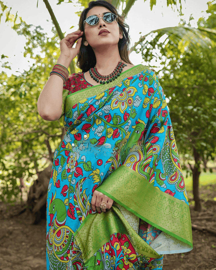 Designer Sky Blue And Parrot Colored Jacquard Silk Saree With Zari Border Blouse