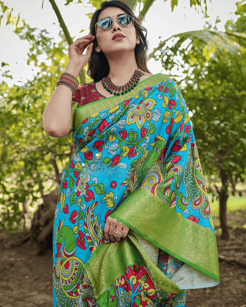 Designer Sky Blue And Parrot Colored Jacquard Silk Saree With Zari Border Blouse - Ibis Fab