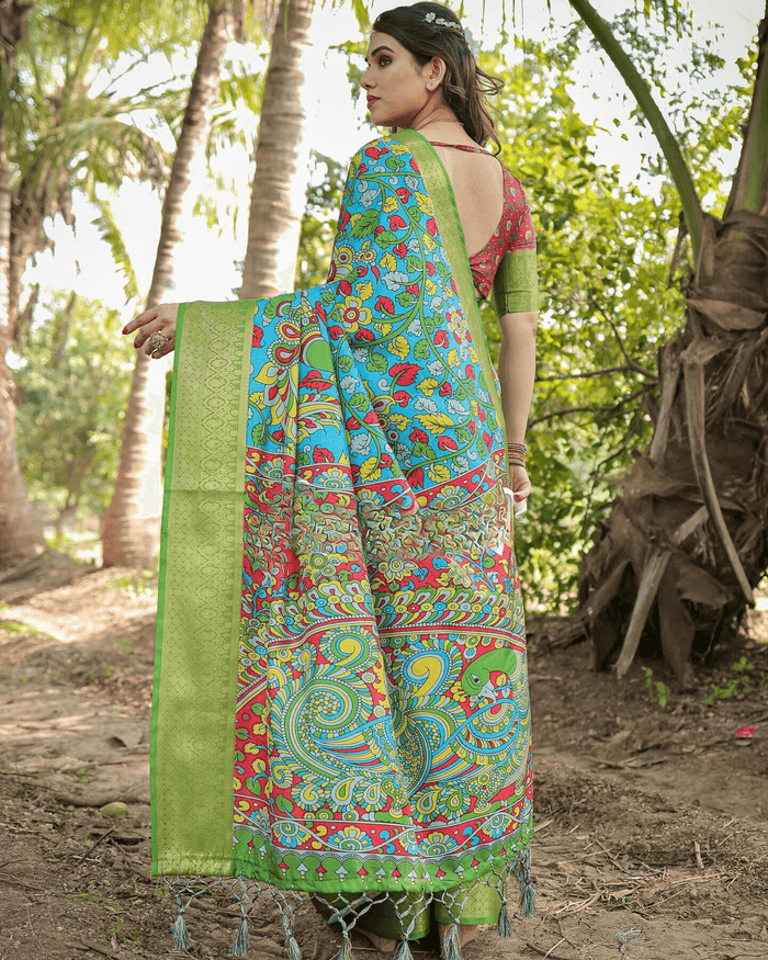 Designer Sky Blue And Parrot Colored Jacquard Silk Saree With Zari Border Blouse