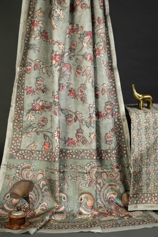 Desirable Gray Colored Cotton Linen Designer Printed Saree - Ibis Fab