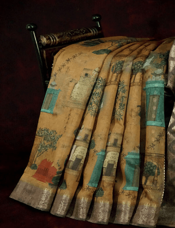 Desirable Mustarad Yellow Colored Cotton Linen Designer Printed Saree