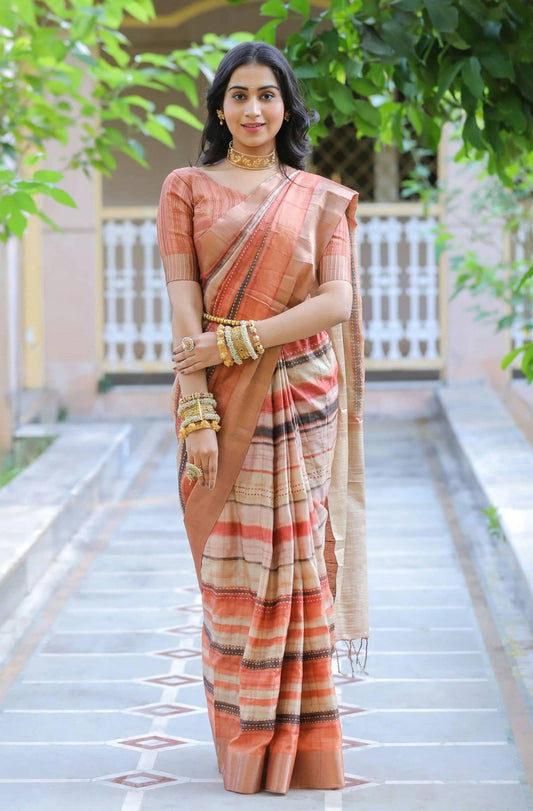 Desiring Orange Colored Cotton Linen Designer Printed Saree - Ibis Fab