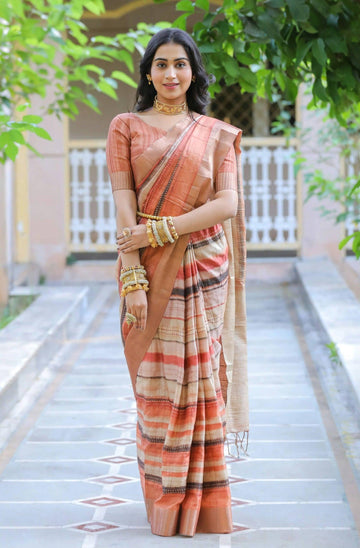 Desiring Orange Colored Cotton Linen Designer Printed Saree