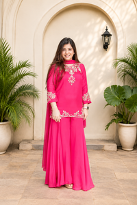 Premium Pure Mul Chanderi Handwork Suit Set – Top, Palazzo & Chiffon Dupatta