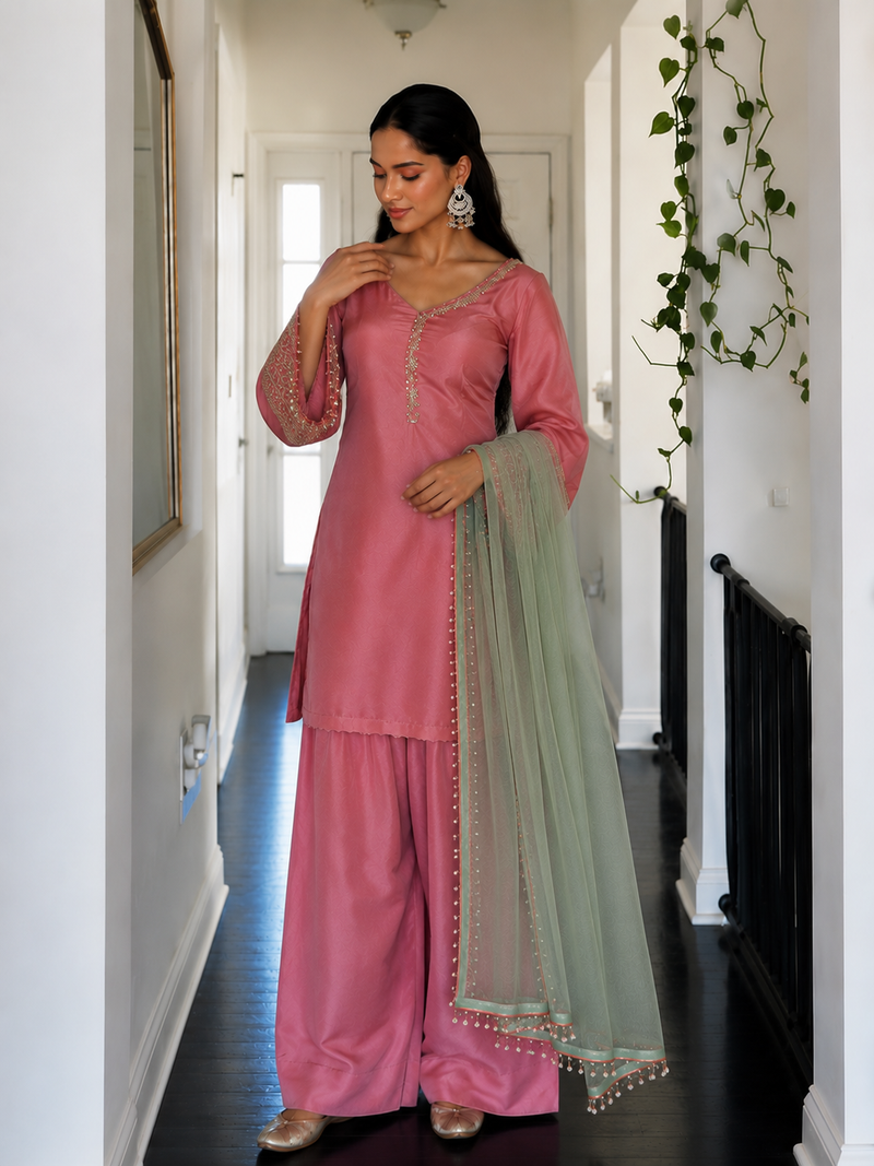 Pink Embroidered Kurta Pant Set
