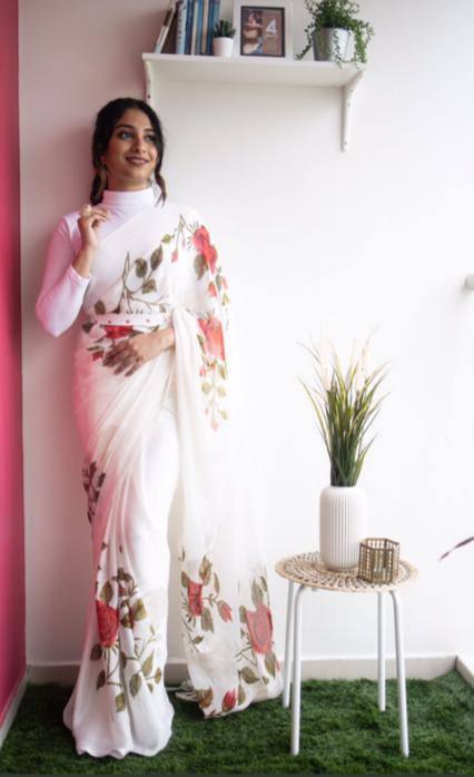 Digital Printed Linen Latest White Saree - Ibis Fab