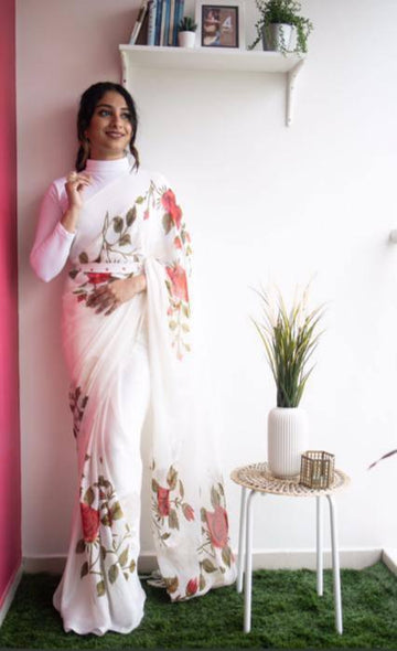 Digital Printed Linen Latest White Saree