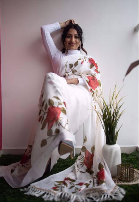 Digital Printed Linen Latest White Saree - Ibis Fab