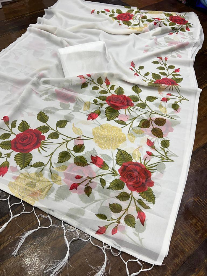 Digital Printed Linen Latest White Saree
