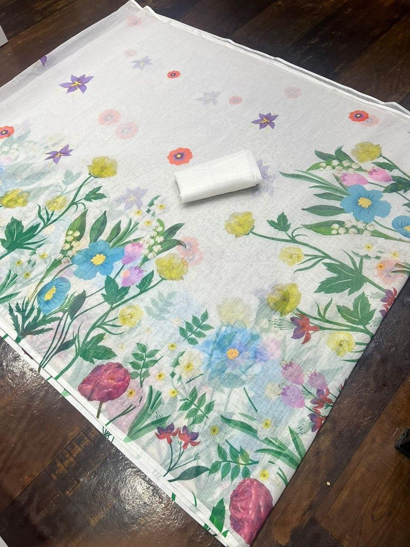 Digital Printed Linen Saree with Floral Print Pattern - Ibis Fab