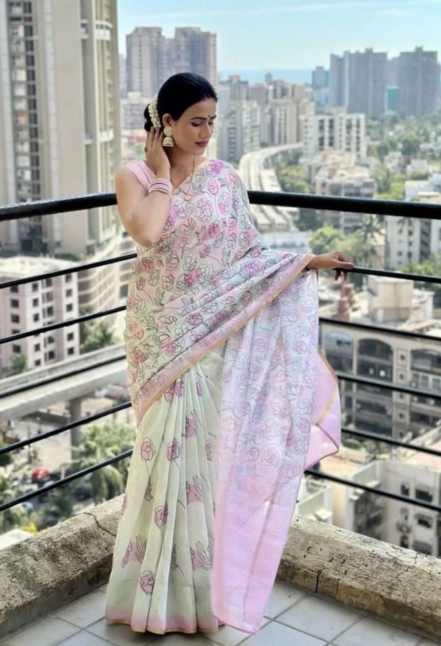 Digital Printed white And Pink Party Wear Linen Saree - Ibis Fab