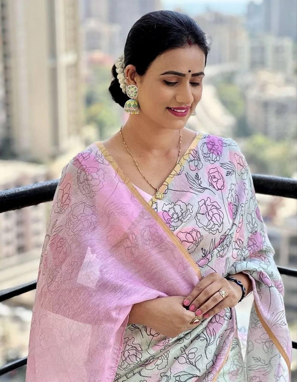 Digital Printed white And Pink Party Wear Linen Saree - Ibis Fab