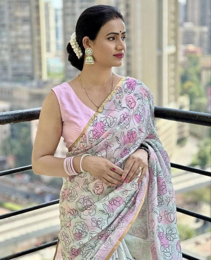 Digital Printed white And Pink Party Wear Linen Saree