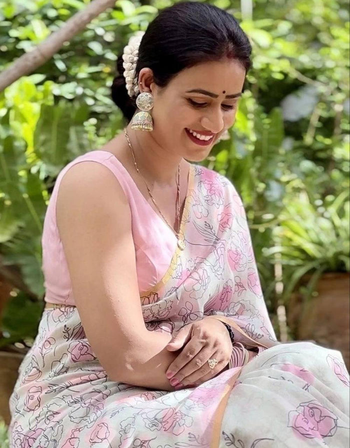 Digital Printed white And Pink Party Wear Linen Saree