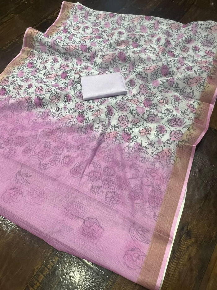Digital Printed white And Pink Party Wear Linen Saree
