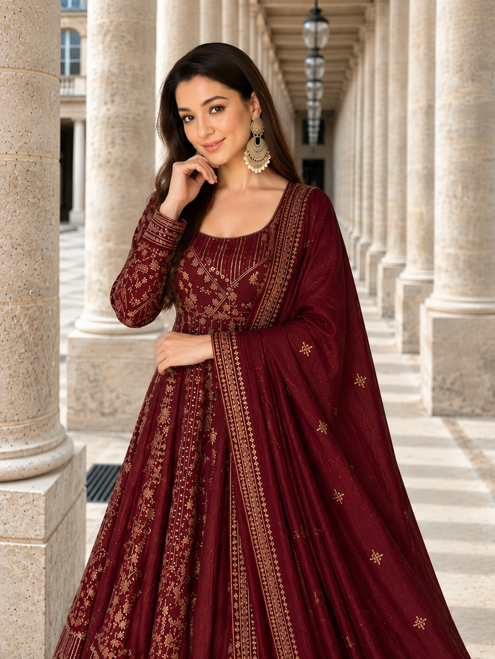 Maroon Embroidered Anarkali Suit Set for Women