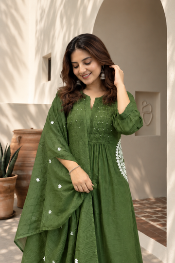 Elegant Green Pure Mul Cotton Embroidered Suit Set