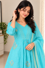Sky Blue Embroidered Anarkali Kurta Pant Set with Dupatta