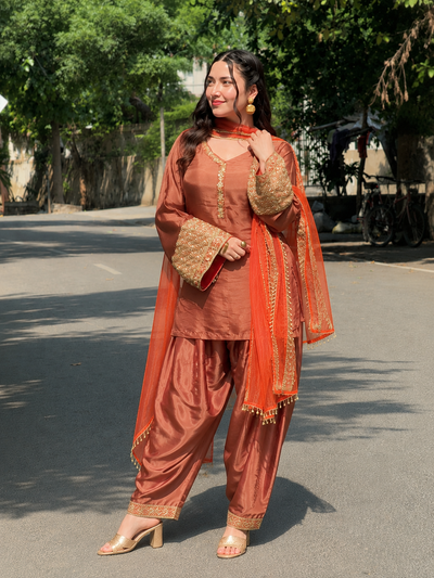 Copper Brown Embroidered Kurta Pant Set