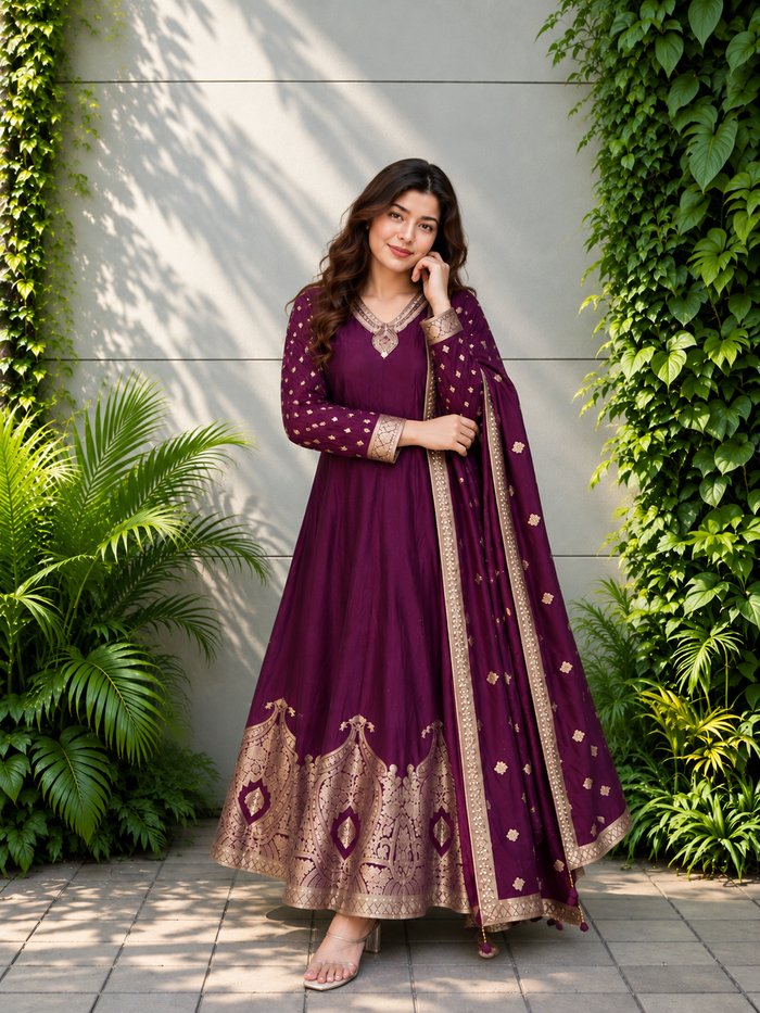 Premium Banarasi Anarkali Suit Set – Handwork & Zari Flare